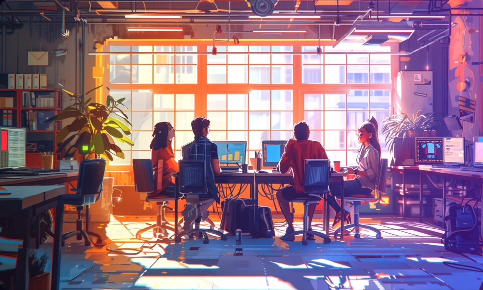 L'équipe réunie autour d'une table de travail devant de grandes fenêtres au coucher du soleil.