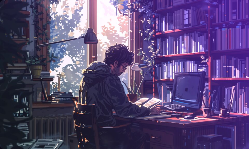 Une personne écrivant à son bureau devant une fenêtre, entourée d'étagères de livres.