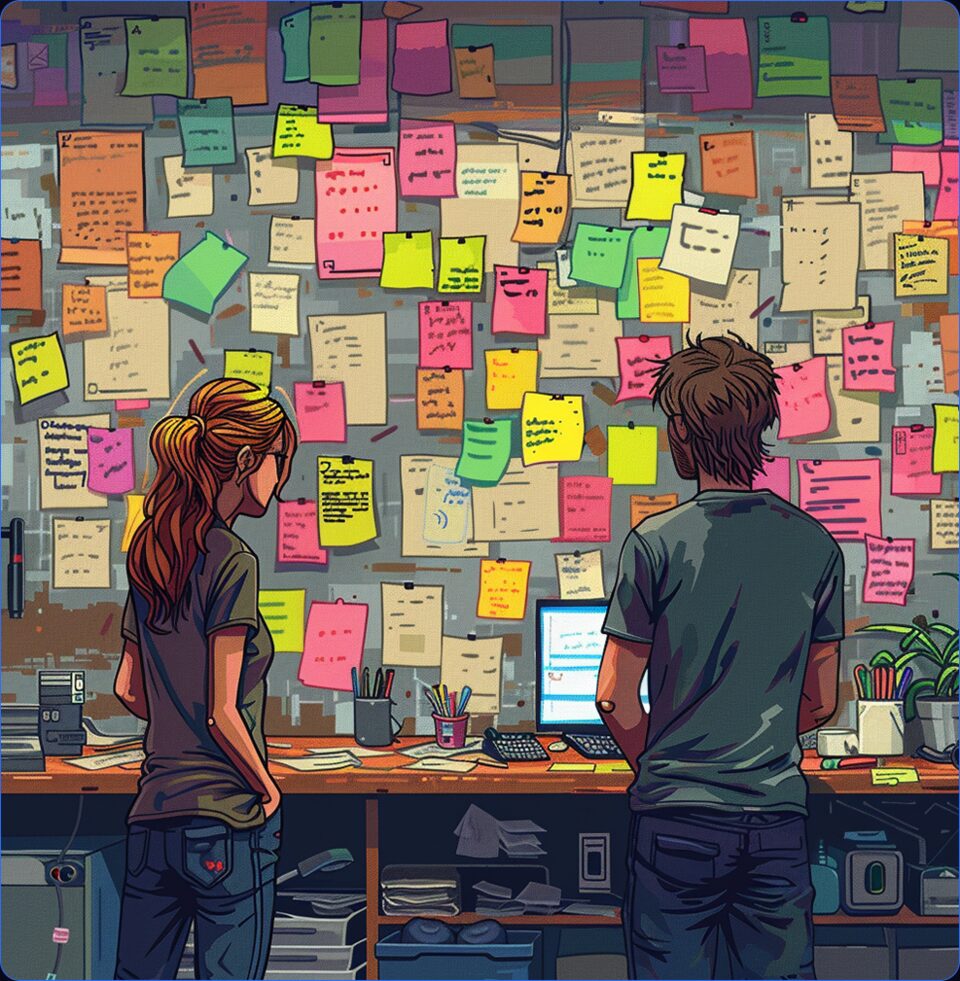 Deux personnes devant un mur couvert de post-its, en train de regrouper des observations.