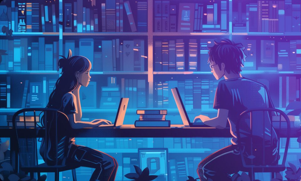 Deux personnes assises face à face pendant une session de test sur ordinateur portable.